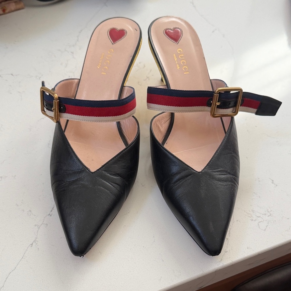 Gucci Black Leather Pointed Toe Slingback Mules with Red and Blue Web Strap